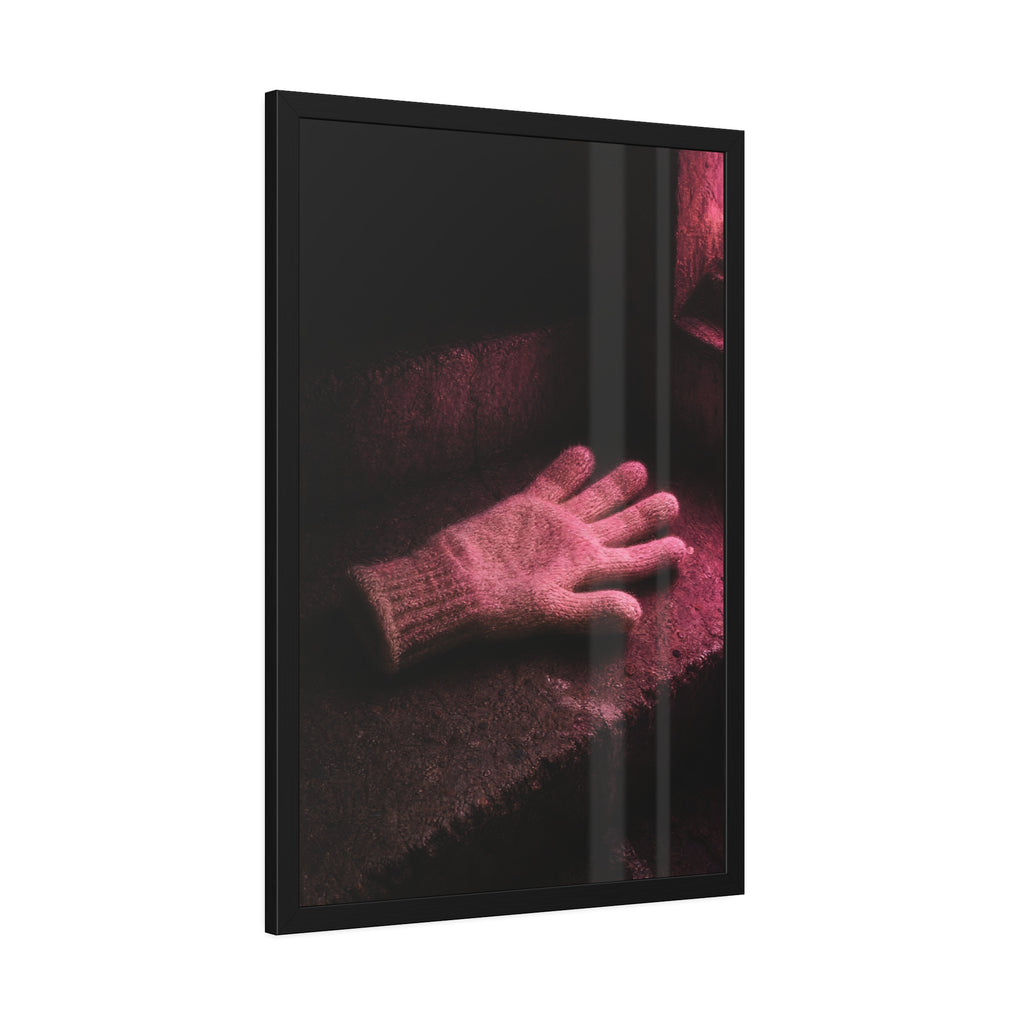 A knitted glove lying flat on a concrete step under pink light. The Vigil in Pink Light by Garabaggio, framed fine art print hanging in a room.
