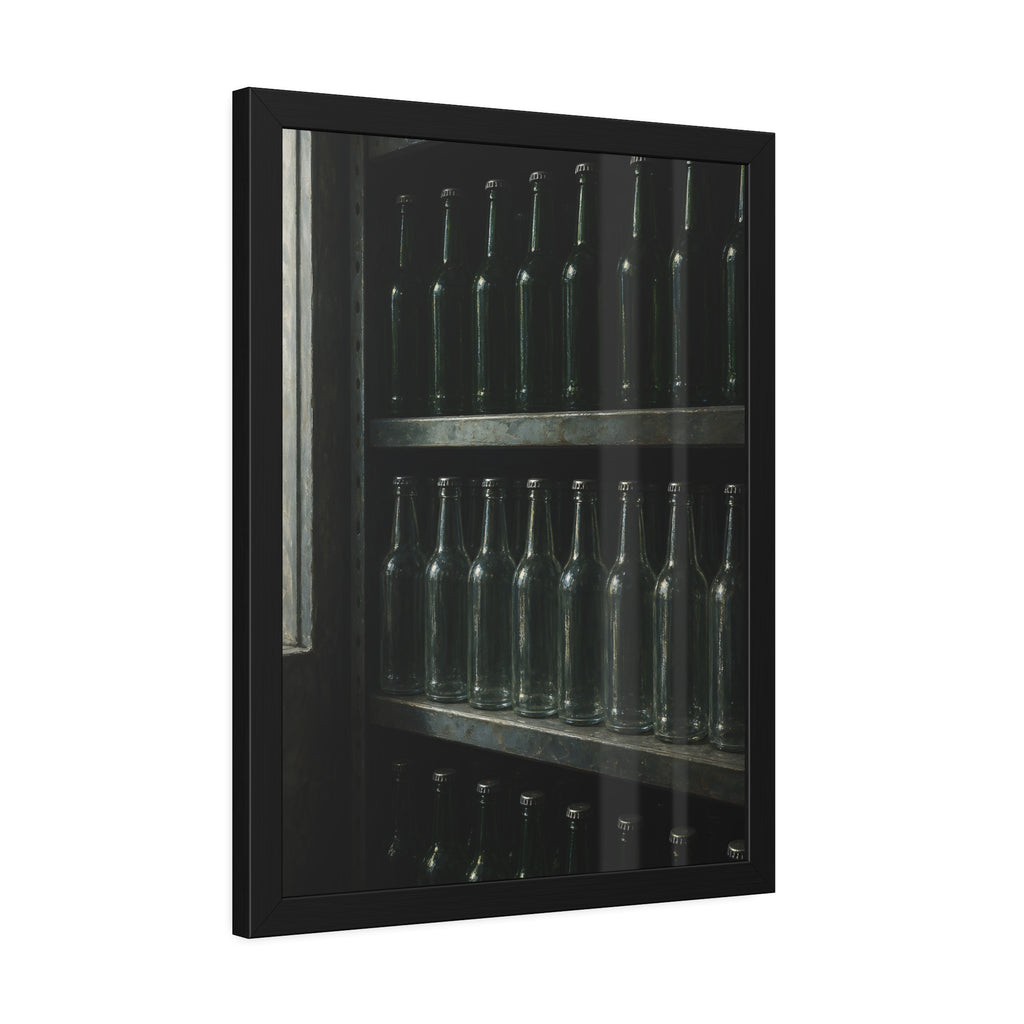Rows of empty bottles on dim metal shelves, green above and clear below. The Shelf of New Bottles by Garabaggio, framed fine art print hanging in a room.