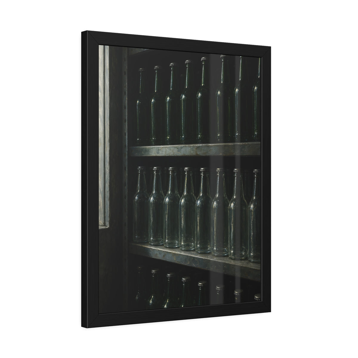 Rows of empty bottles on dim metal shelves, green above and clear below. The Shelf of New Bottles by Garabaggio, framed fine art print hanging in a room.