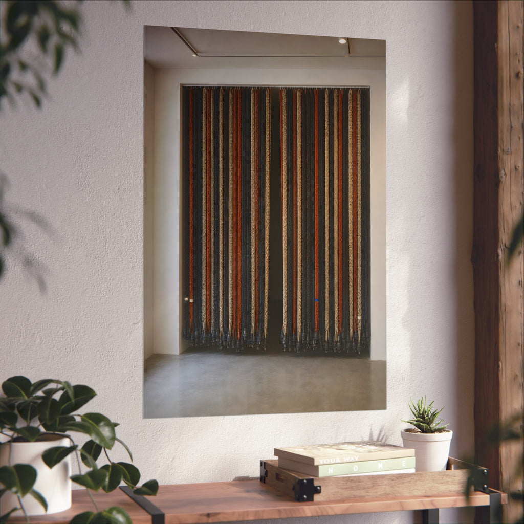 Hundreds of extension cords hung floor to ceiling across a bright white room. The Cord Curtain by Garabaggio, fine art print hanging in a room.