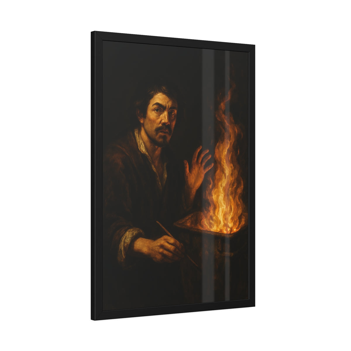 Man holding a paintbrush, his other hand raised beside tall flames. Self-Portrait with Brush and Flame by Garabaggio, framed fine art print hanging in a room.
