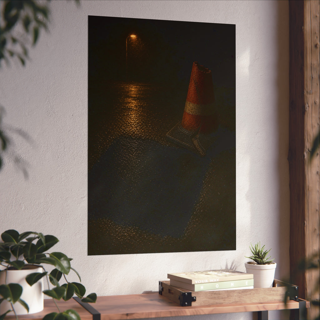 A traffic cone beside a fresh asphalt patch under a street lamp. The Sentinel After Repair by Garabaggio, fine art print hanging in a room.