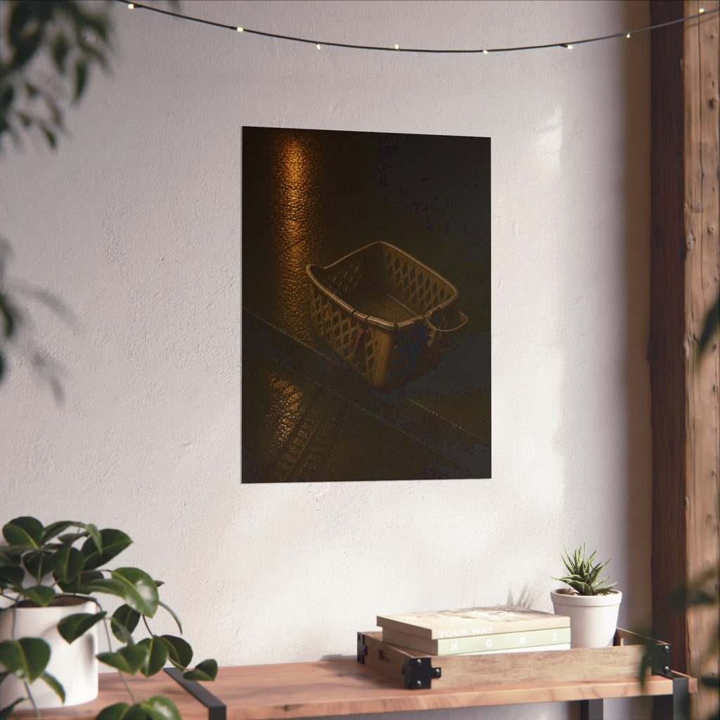 A cracked plastic laundry basket with a warped rim on wet asphalt. The Crushing of the Rim by Garabaggio, fine art print hanging in a room.