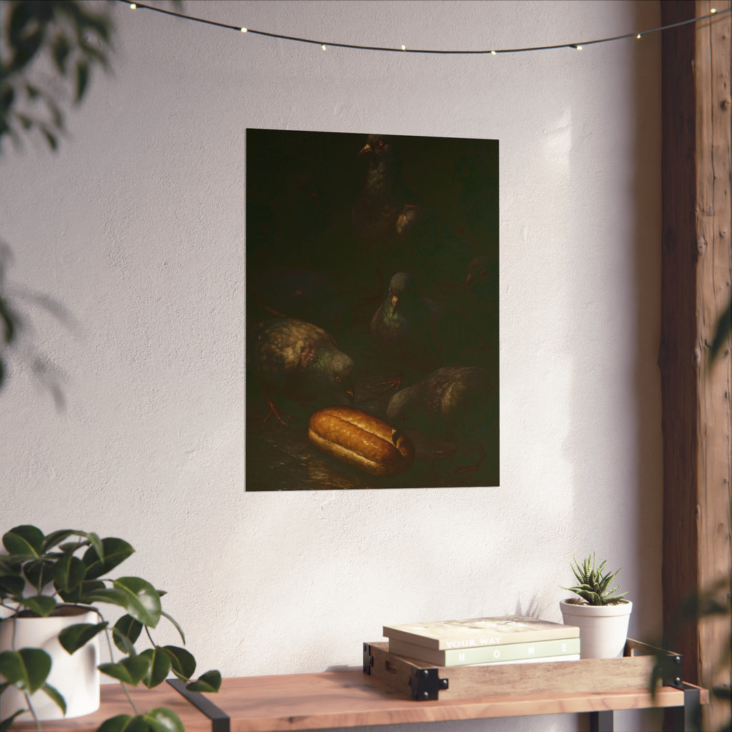 Pigeons crowding around a bread roll on dark stone paving. The Congregation at the Bun by Garabaggio, fine art print hanging in a room.
