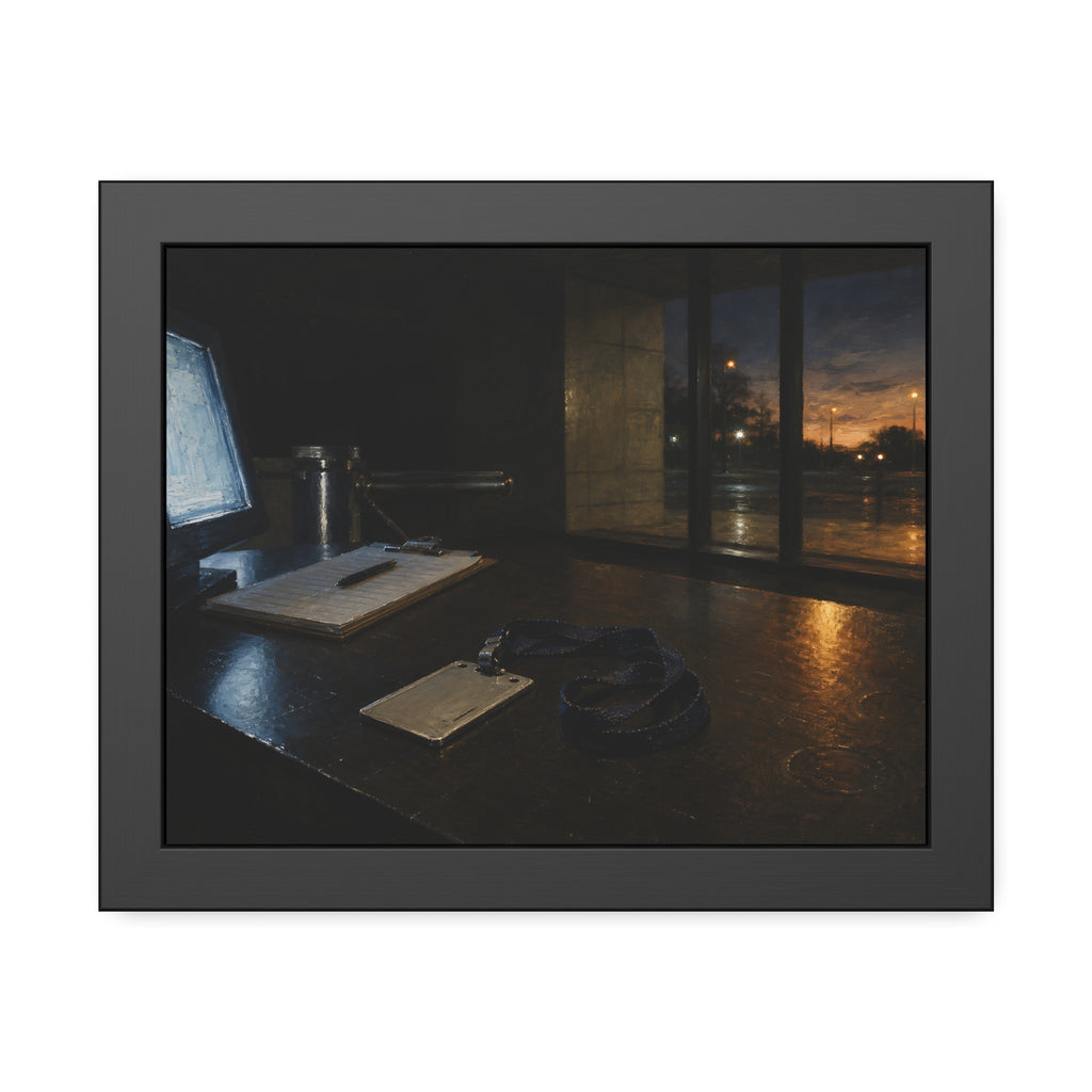 An ID badge and lanyard left on a security desk beside a lit monitor. The Badge on the Security Desk by Garabaggio, framed fine art print, 14″ x 11″.