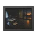 An ID badge and lanyard left on a security desk beside a lit monitor. The Badge on the Security Desk by Garabaggio, framed fine art print, 14″ x 11″.