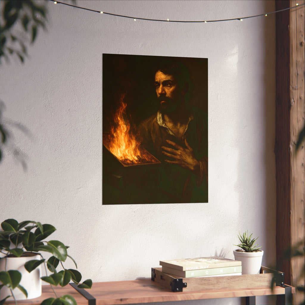 Man with a hand flat on his chest looking toward a low burning bin. Self-Portrait with Oath by Garabaggio, fine art print hanging in a room.