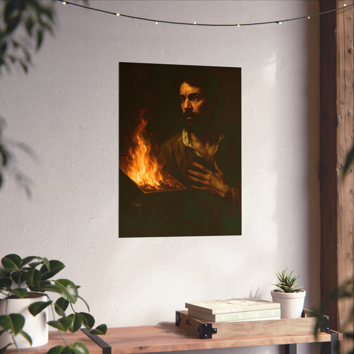 Man with a hand flat on his chest looking toward a low burning bin. Self-Portrait with Oath by Garabaggio, fine art print hanging in a room.