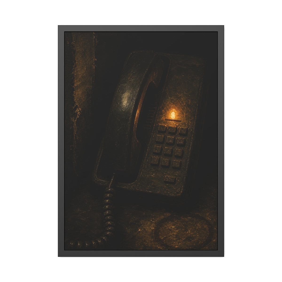 An old desk phone in the dark with one amber line light glowing. The First Ring by Garabaggio, framed fine art print, 28″ x 40″.