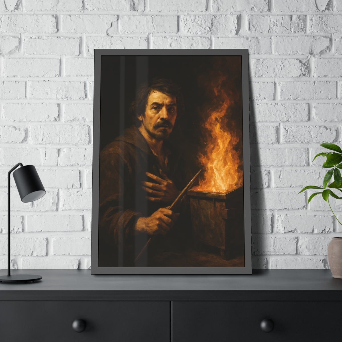 Man holding a long wooden stick, hand on chest, before a burning bin. Self-Portrait with Mahlstick by Garabaggio, framed fine art print hanging in a room.