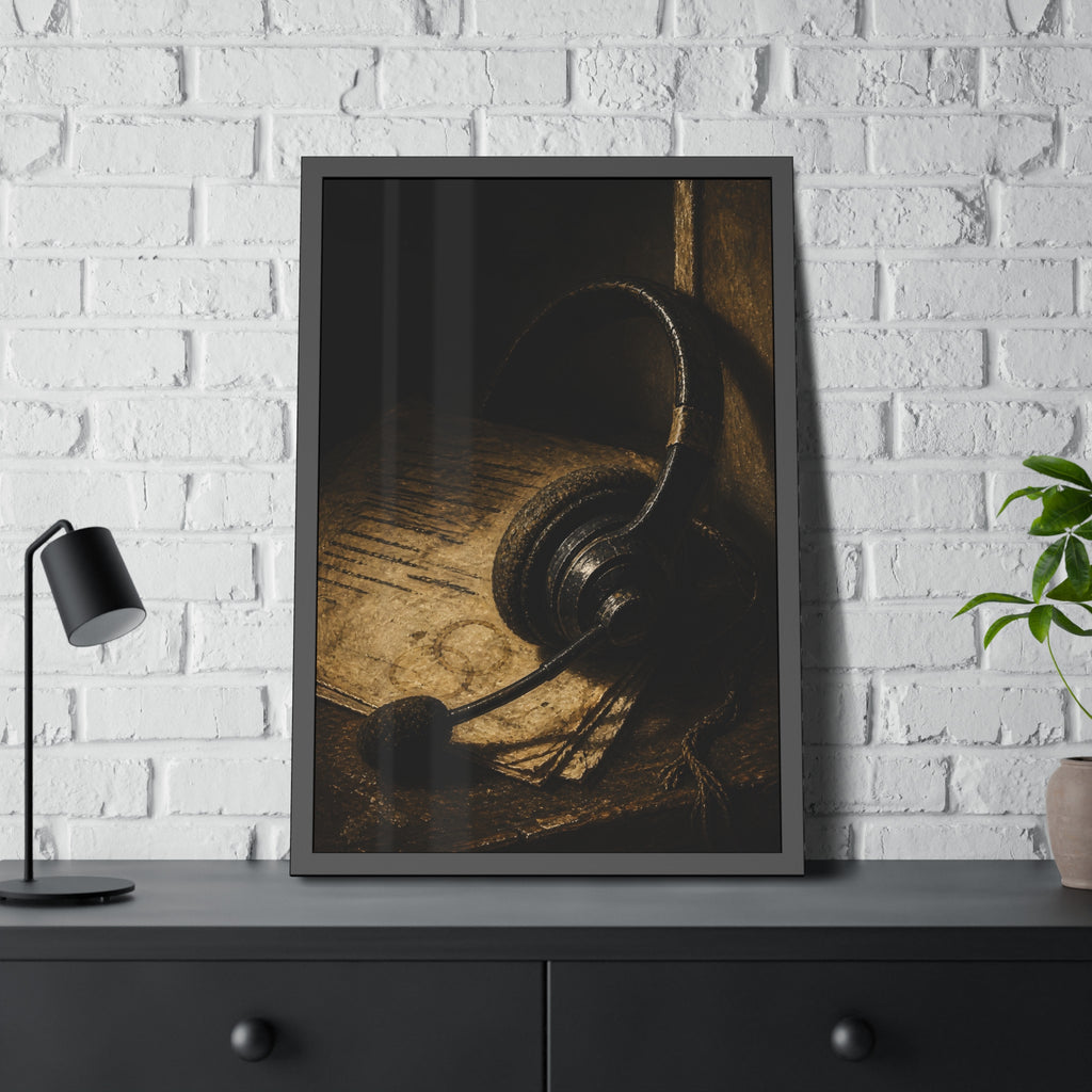 A worn headset resting on a printed script page with coffee rings. The Script Beside the Mouthpiece by Garabaggio, framed fine art print hanging in a room.