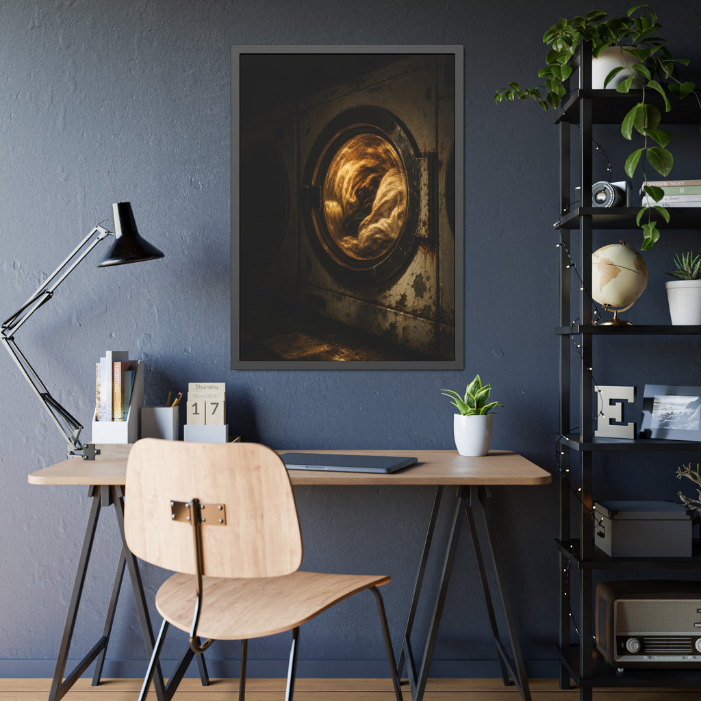 A washer drum tumbling laundry lit amber behind its glass door. The First Spin by Garabaggio, framed fine art print hanging in a room.