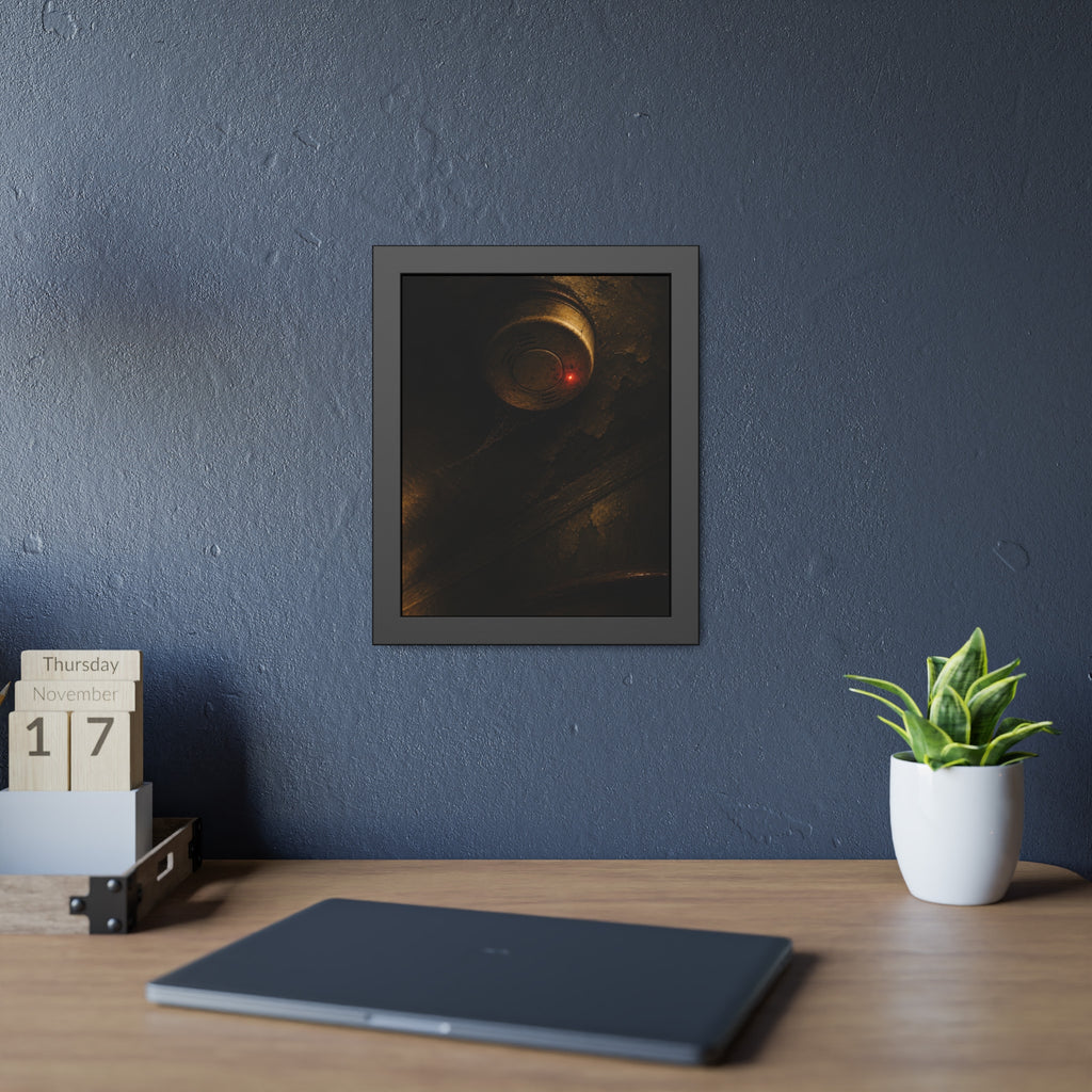 A smoke detector on a stained ceiling, its red light on, cobweb below. The Watch Above Sleep by Garabaggio, framed fine art print hanging in a room.