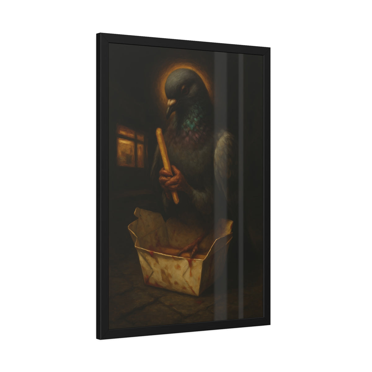 A haloed pigeon holding a french fry over a takeout carton in an alley. Madonna of the Pigeon with Fries by Garabaggio, framed fine art print hanging in a room.