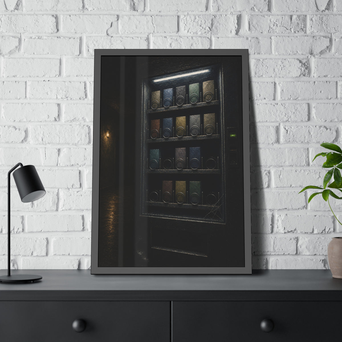 A vending machine with gaps in its rows lighting an empty hallway. The Gaps Spread by Garabaggio, framed fine art print hanging in a room.