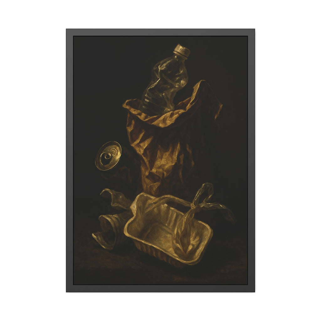 A paper bag, crushed bottle and foil tray lit against deep darkness. Reliquary of the Takeout by Garabaggio, framed fine art print hanging in a room.