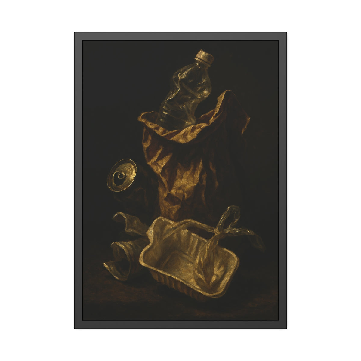 A paper bag, crushed bottle and foil tray lit against deep darkness. Reliquary of the Takeout by Garabaggio, framed fine art print hanging in a room.