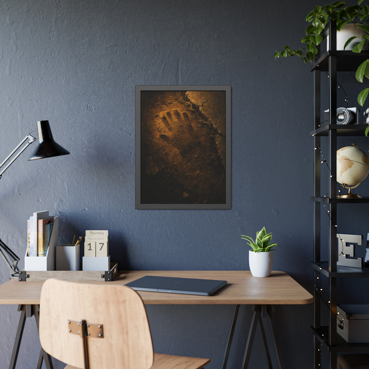 A glove shaped imprint left in cracked asphalt under warm light. The Assumption, or: What Remains by Garabaggio, framed fine art print hanging in a room.