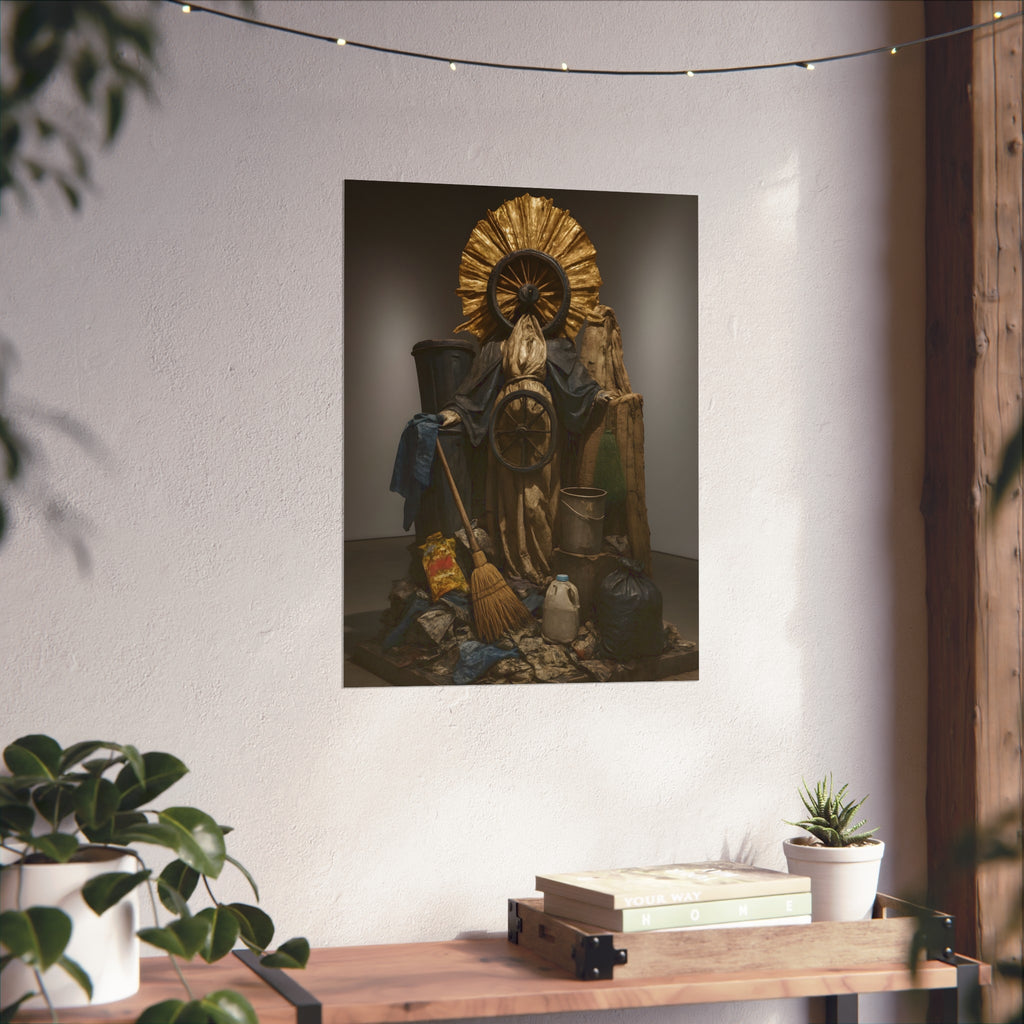 A draped figure with cart wheels above heaped trash. The Martyrdom of Saint Catherine of the Cartwheel by Garabaggio, fine art print hanging in a room.