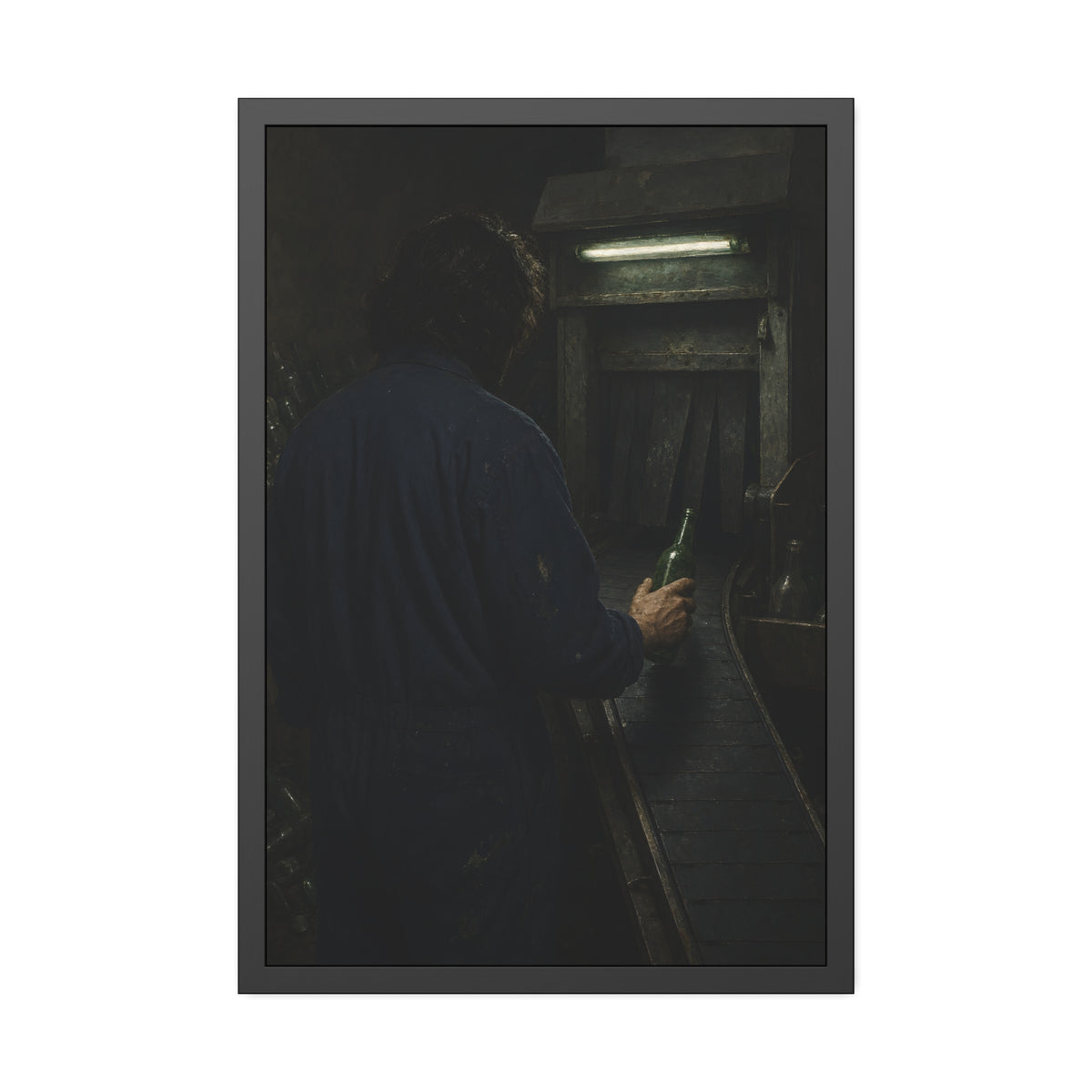 A man in coveralls sets a green bottle on a conveyor under a strip light. Garabaggio at the Conveyor by Garabaggio, framed fine art print, 24″ x 36″.