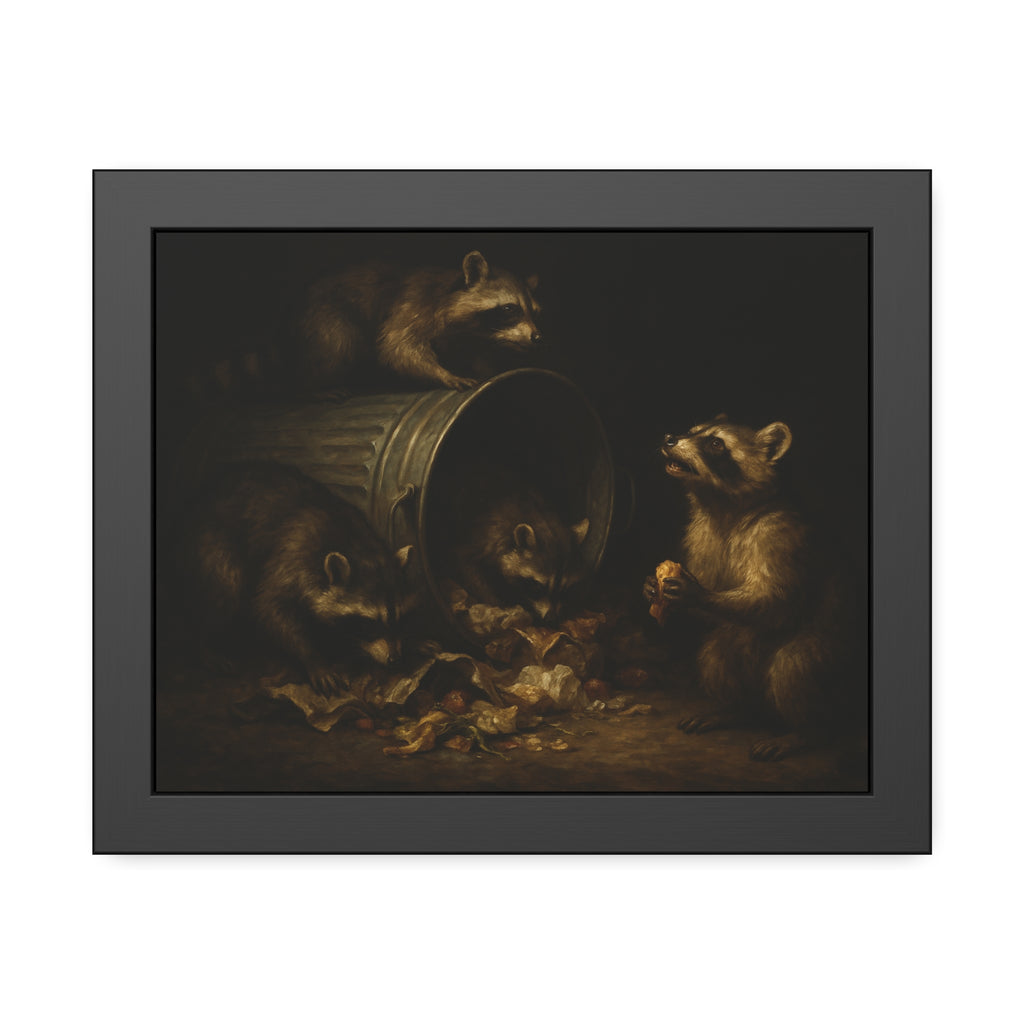 Four raccoons around a toppled metal trash can in the dark. The Last Bite by Garabaggio, framed fine art print, 14″ x 11″.