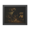 Four raccoons around a toppled metal trash can in the dark. The Last Bite by Garabaggio, framed fine art print, 14″ x 11″.