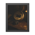 An open smoke detector on a wooden table beside a removed nine volt battery. The Silence After Removal by Garabaggio, framed fine art print, 11″ x 14″.