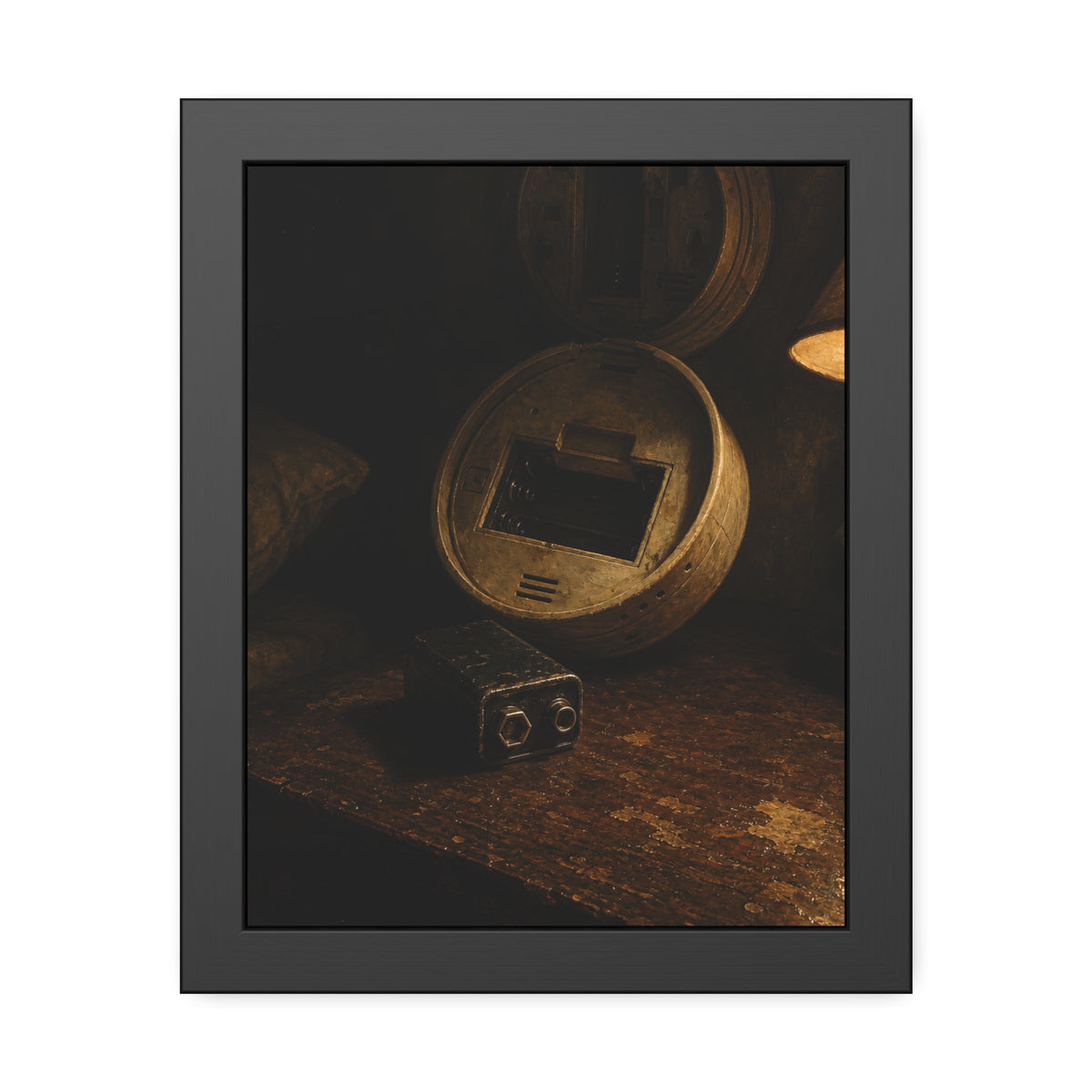 An open smoke detector on a wooden table beside a removed nine volt battery. The Silence After Removal by Garabaggio, framed fine art print, 11″ x 14″.