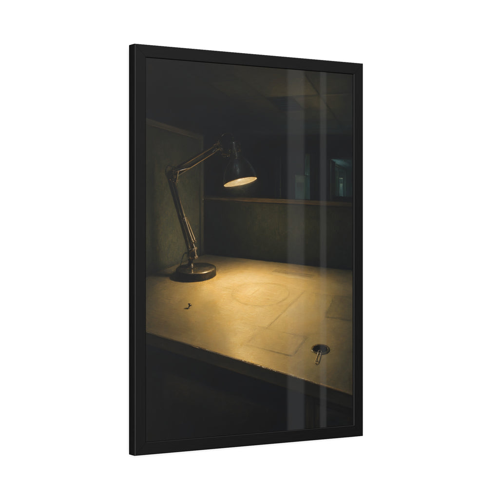 A lit desk lamp on an emptied office desk at night. The Desk Lamp Still Warm by Garabaggio, framed fine art print hanging in a room.