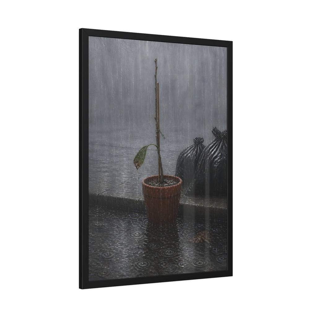A bare stick in a clay pot on a curb in heavy rain beside trash bags. The Second Rain by Garabaggio, framed fine art print hanging in a room.
