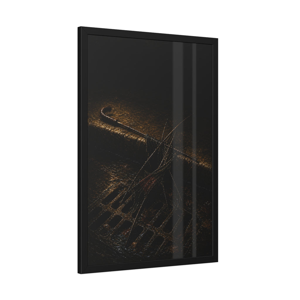 A broken umbrella collapsed across a storm drain grate at the curb. The Burial at the Storm Drain by Garabaggio, framed fine art print hanging in a room.