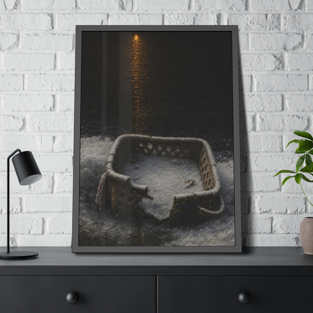 A cracked laundry basket half buried in snow under a distant lamp. The First Snow by Garabaggio, framed fine art print hanging in a room.
