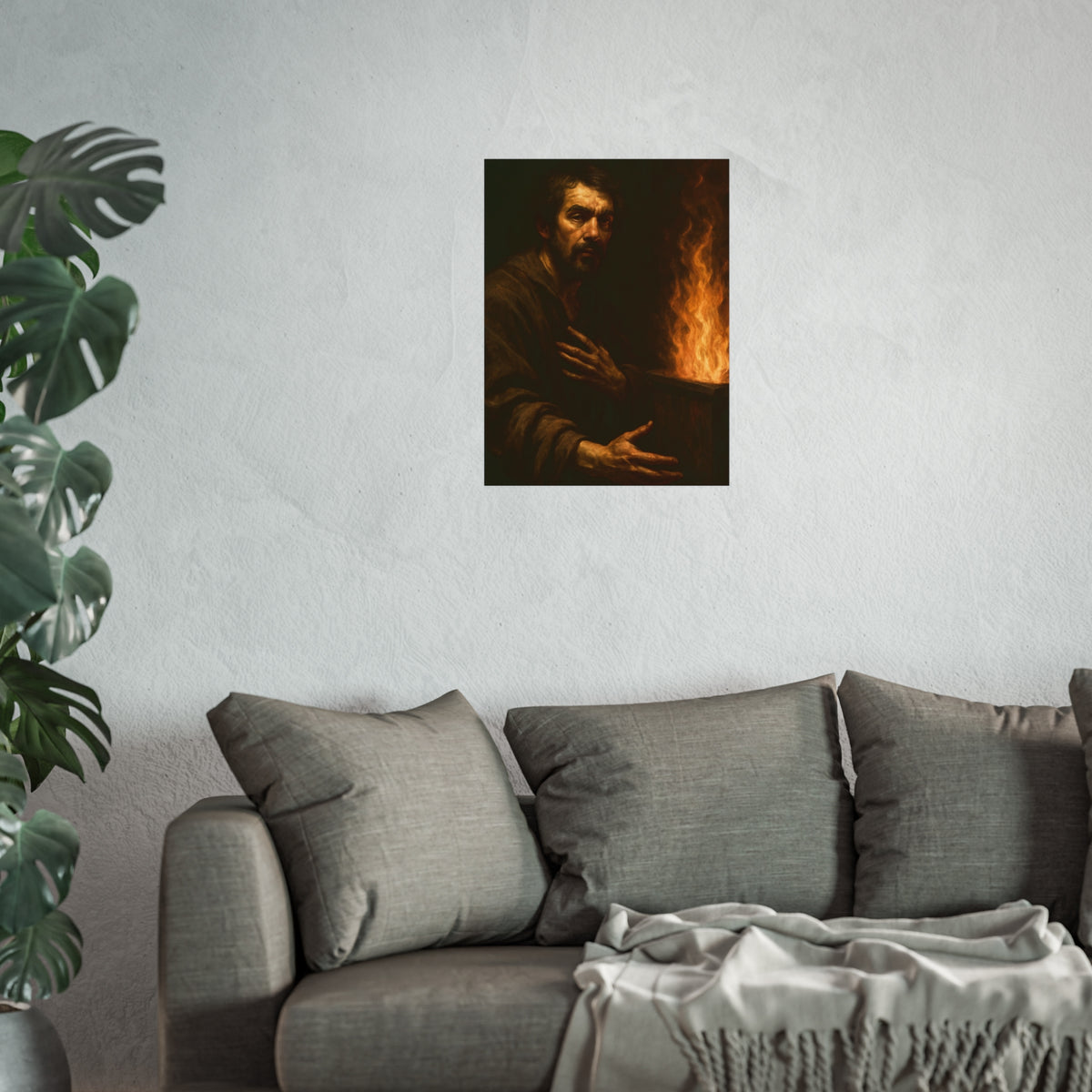 Bearded man with a hand on his chest beside flames rising from a bin. Self-Portrait as a Penitent by Garabaggio, fine art print hanging in a room.