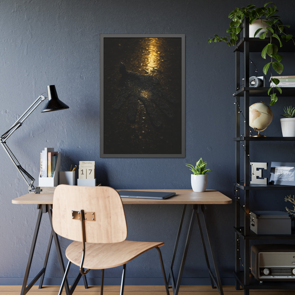 A flattened black glove pressed into wet asphalt beside a light streak. The Flattening, Study No. 1 by Garabaggio, framed fine art print hanging in a room.