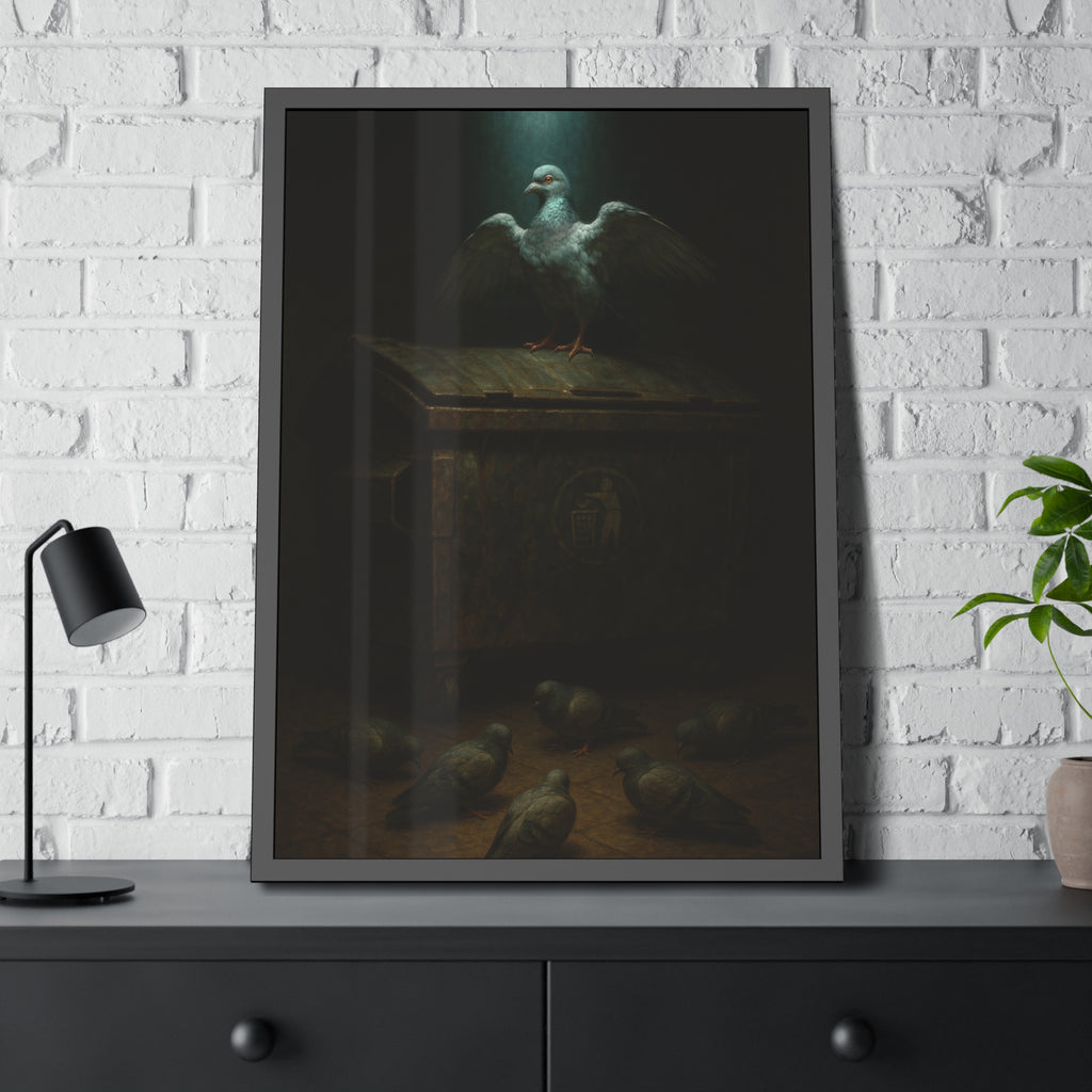 A pigeon with wings spread on a rusted dumpster lid. The Beatification of the Common Pigeon by Garabaggio, framed fine art print hanging in a room.