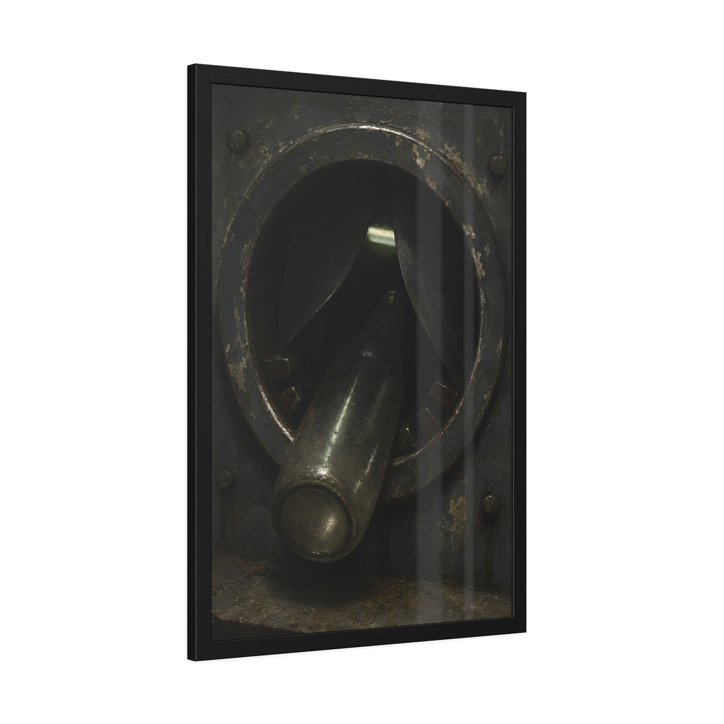 A glass bottle wedged in the round steel intake of a crushing machine. The Crusher's Mouth by Garabaggio, framed fine art print hanging in a room.