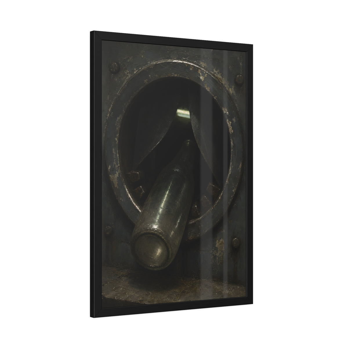A glass bottle wedged in the round steel intake of a crushing machine. The Crusher's Mouth by Garabaggio, framed fine art print hanging in a room.