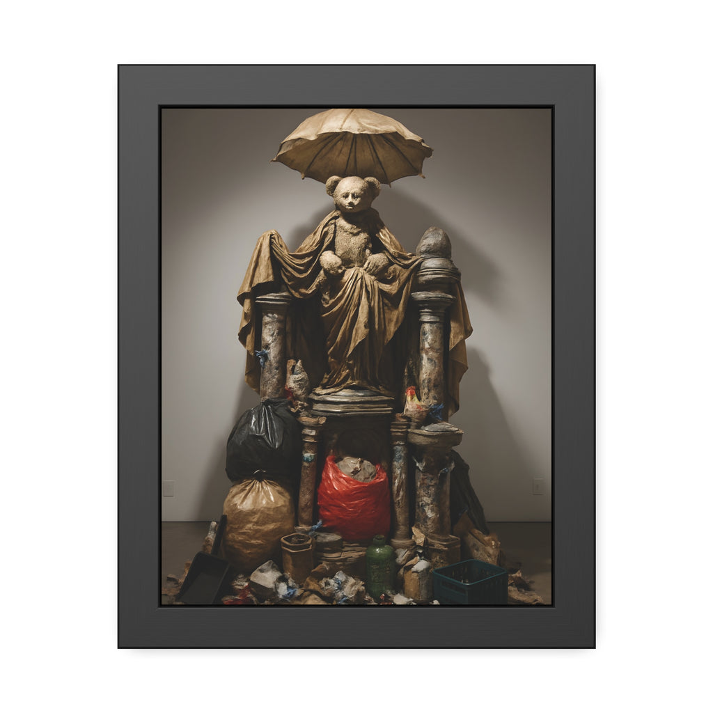 A teddy bear figure under an umbrella atop a pile of trash bags. Madonna of the Lost and Found by Garabaggio, framed fine art print, 11″ x 14″.