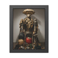 A teddy bear figure under an umbrella atop a pile of trash bags. Madonna of the Lost and Found by Garabaggio, framed fine art print, 11″ x 14″.