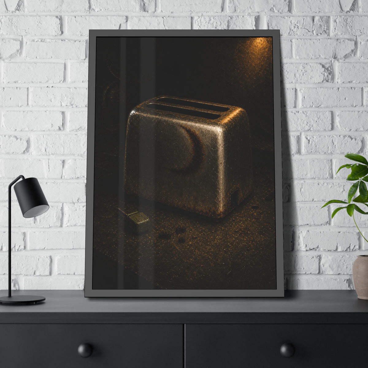 A scorched toaster on a dark counter with crumbs and its plug beside it. Shell Without Heat by Garabaggio, framed fine art print hanging in a room.