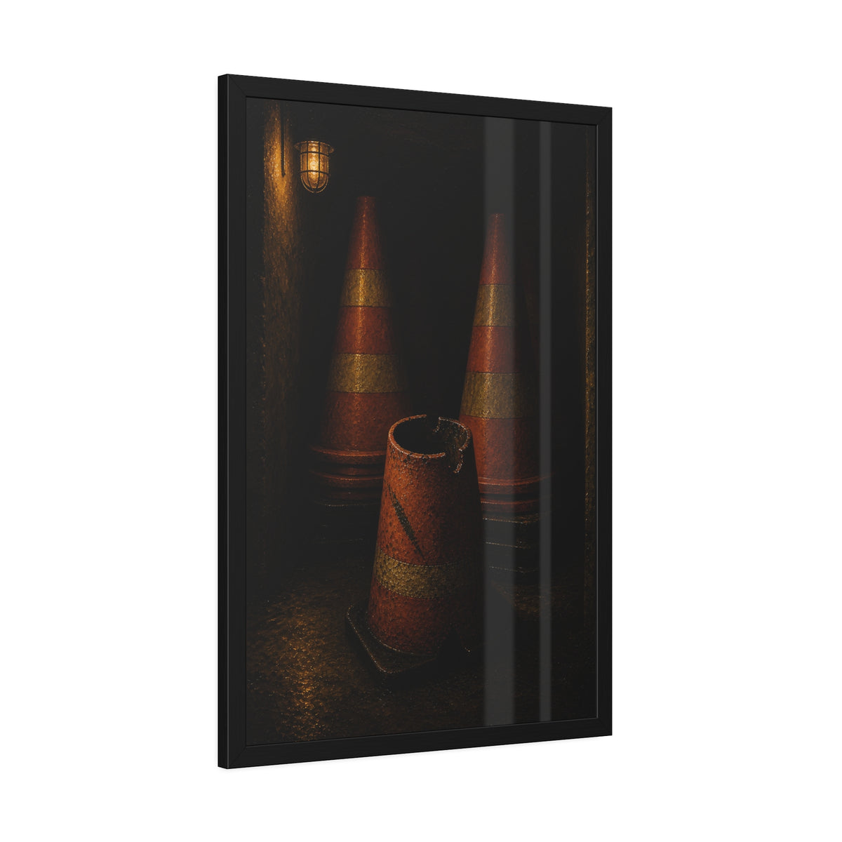 Stacked traffic cones behind a crushed one under a caged wall lamp. The Multiplication of Cones by Garabaggio, framed fine art print hanging in a room.
