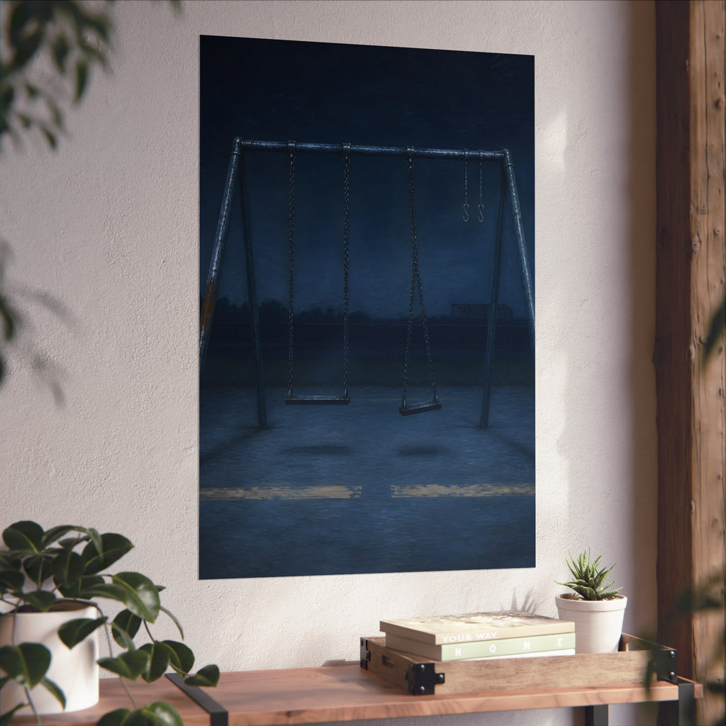 A swing set with two seats and two bare hooks in blue predawn light. The Fifth Hour: The Blue Before by Garabaggio, fine art print hanging in a room.