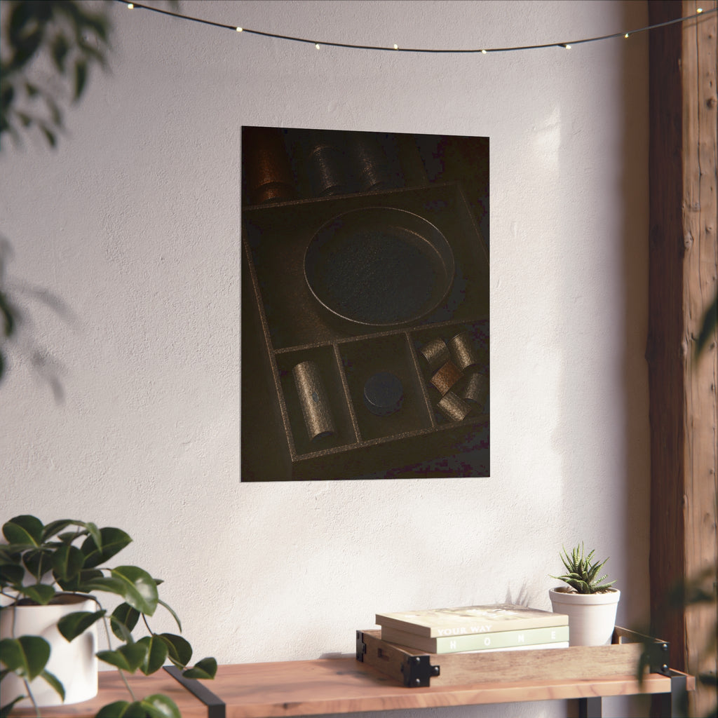 Battery casings and black powder sorted into the trays of a dim box. The Black Recovery by Garabaggio, fine art print hanging in a room.
