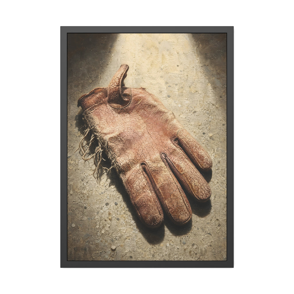A cracked leather work glove lying on bright sunlit concrete. The Bleaching, Study of a Sun-Tired Glove by Garabaggio, framed fine art print hanging in a room.