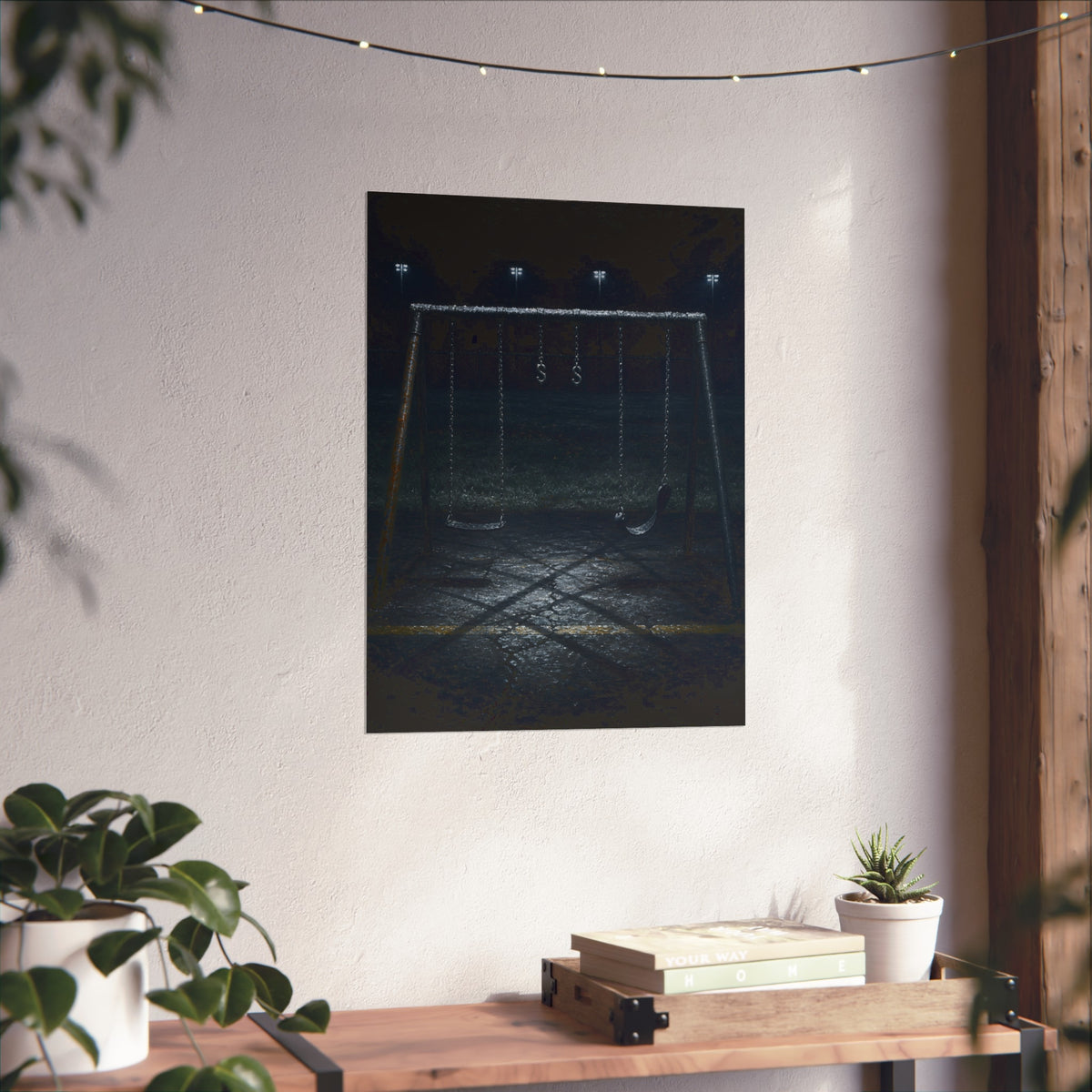 An empty swing set with frost on its crossbar under floodlights. Midnight: The Frost on the Crossbar by Garabaggio, fine art print hanging in a room.