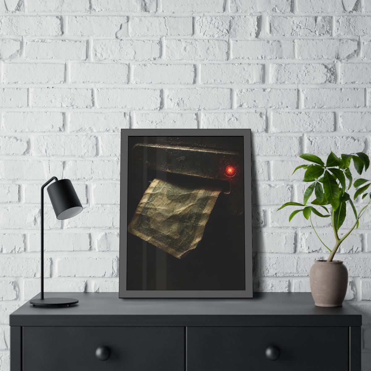 A worn bill pushed back out of a machine slot beside a red light. The Change Machine's Refusal by Garabaggio, framed fine art print hanging in a room.