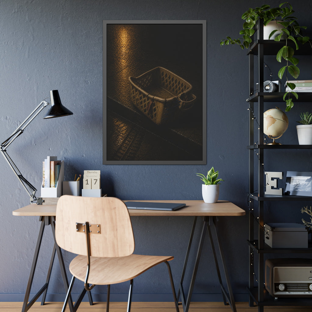 A cracked plastic laundry basket with a warped rim on wet asphalt. The Crushing of the Rim by Garabaggio, framed fine art print hanging in a room.