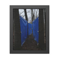 Blue tarps tied between bare trees forming a corridor over dead leaves. Passage Between Trees by Garabaggio, framed fine art print, 11″ x 14″.