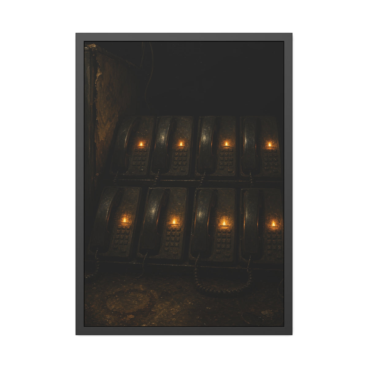 Rows of wall phones, each keypad lit by a small amber flame. The Votive Lights of the Hold Queue by Garabaggio, framed fine art print, 28″ x 40″.
