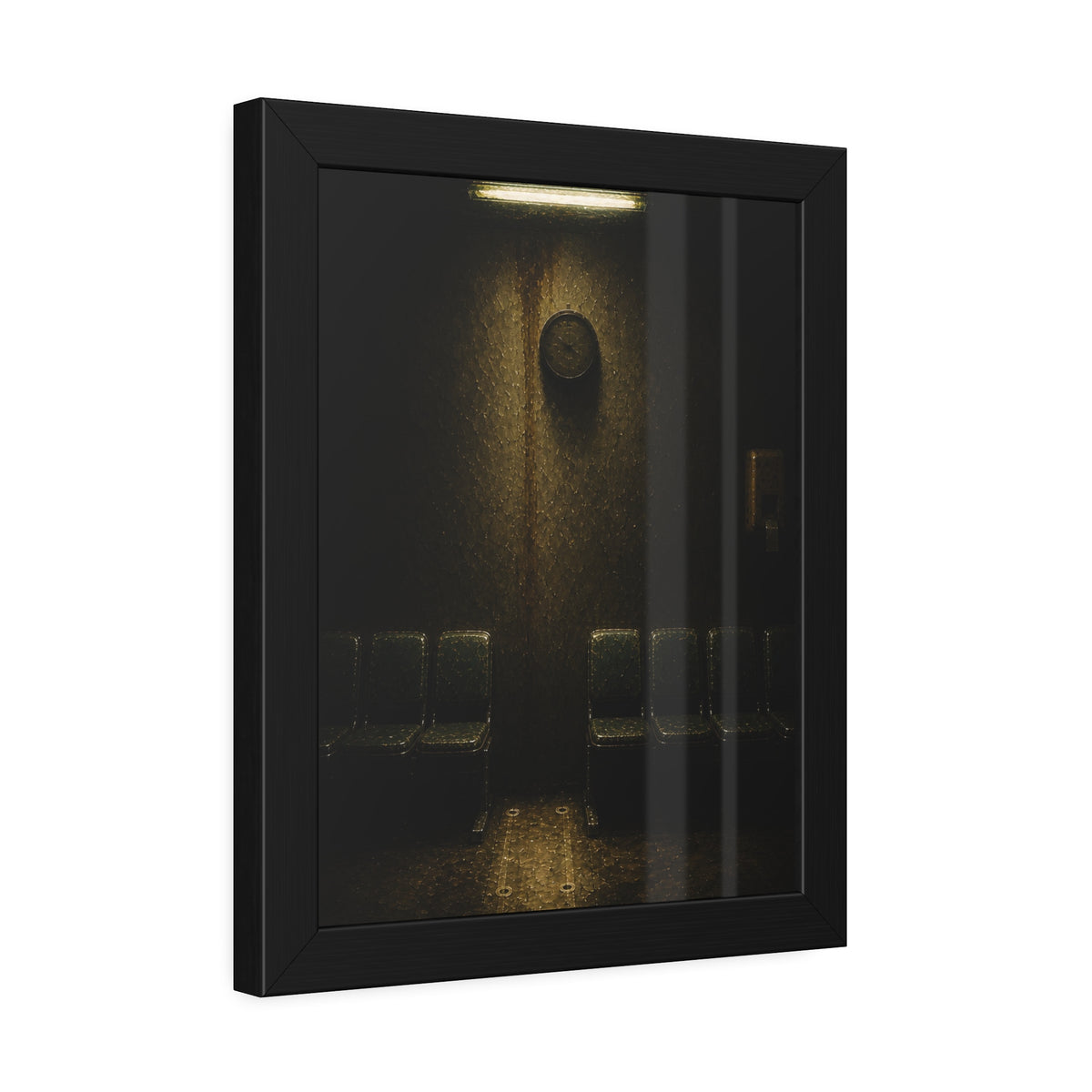 A gap in a row of waiting room chairs below a clock and one strip light. One Chair Removed by Garabaggio, framed fine art print hanging in a room.